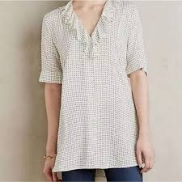 Anthropologie 11.1.Tylho White Printed Button Front Ruffled Neck Tunic - Picture 1 of 14